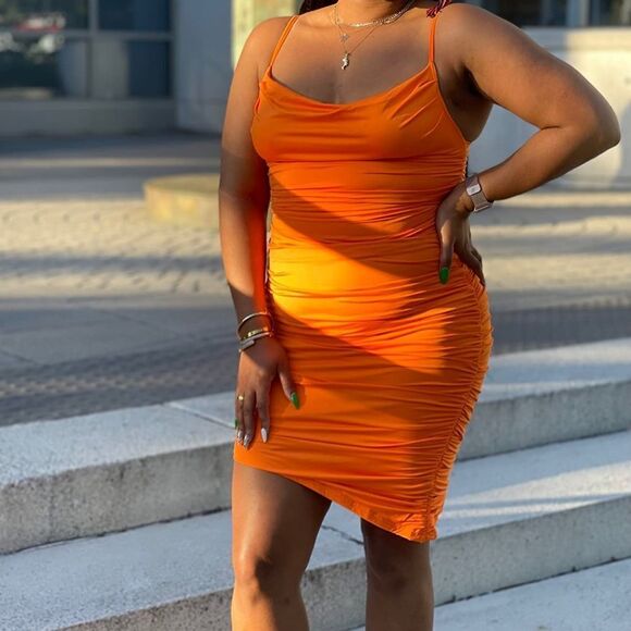 Dress Spaghetti Strap Bodycon Party Club Midi Dress Orange. - Picture 7 of 10